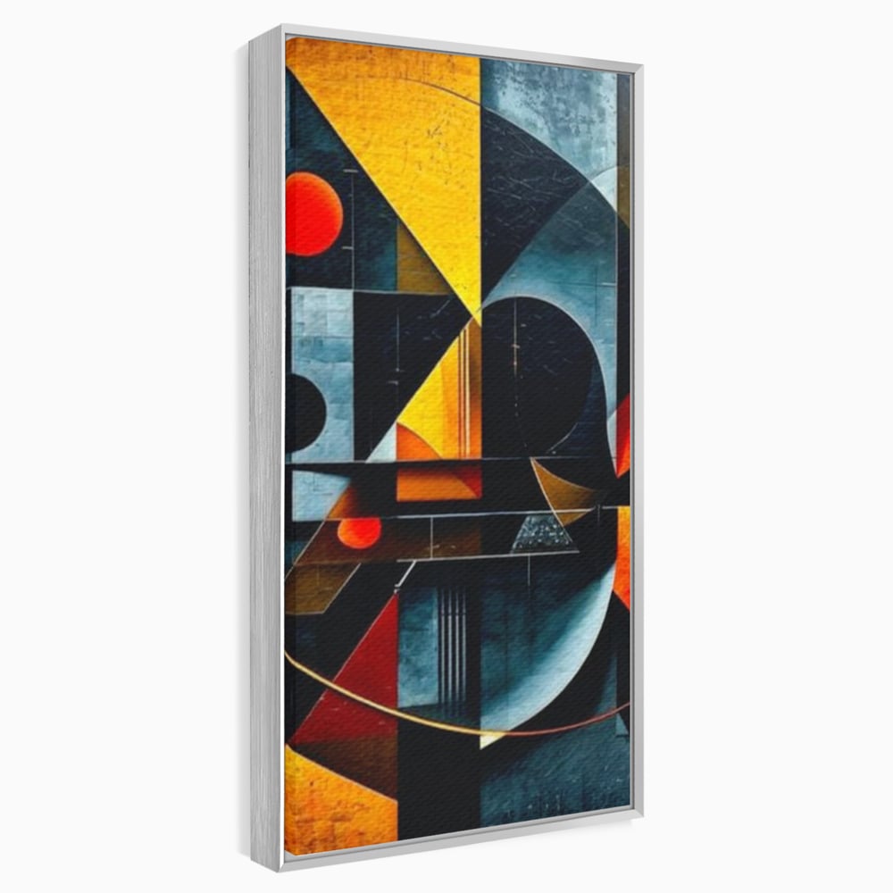 Tablou canvas cu pictura abstracta cu forme geometrice, in rama de aluminiu argintiu